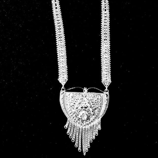 Silver Katak Design Long Necklace Set